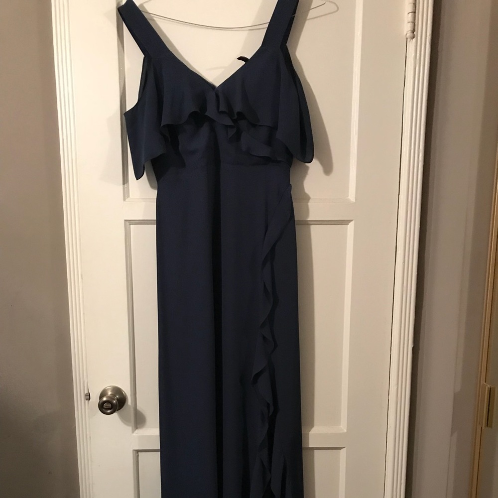 Maxi formal navy off the shoulder chiffon slit